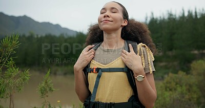 Woman, breathing in woods with hiking and adventure outdoor with backpack, peace and calm for travel. Trekking, journey and fresh air, health and wellness, meditation in nature park and mindfulness