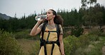 Hiking woman, drinking water and bottle in forest for hydration, detox or wellness on bush adventure. Girl, trekking and liquid for health in nature, woods and outdoor for fitness, exercise or summer