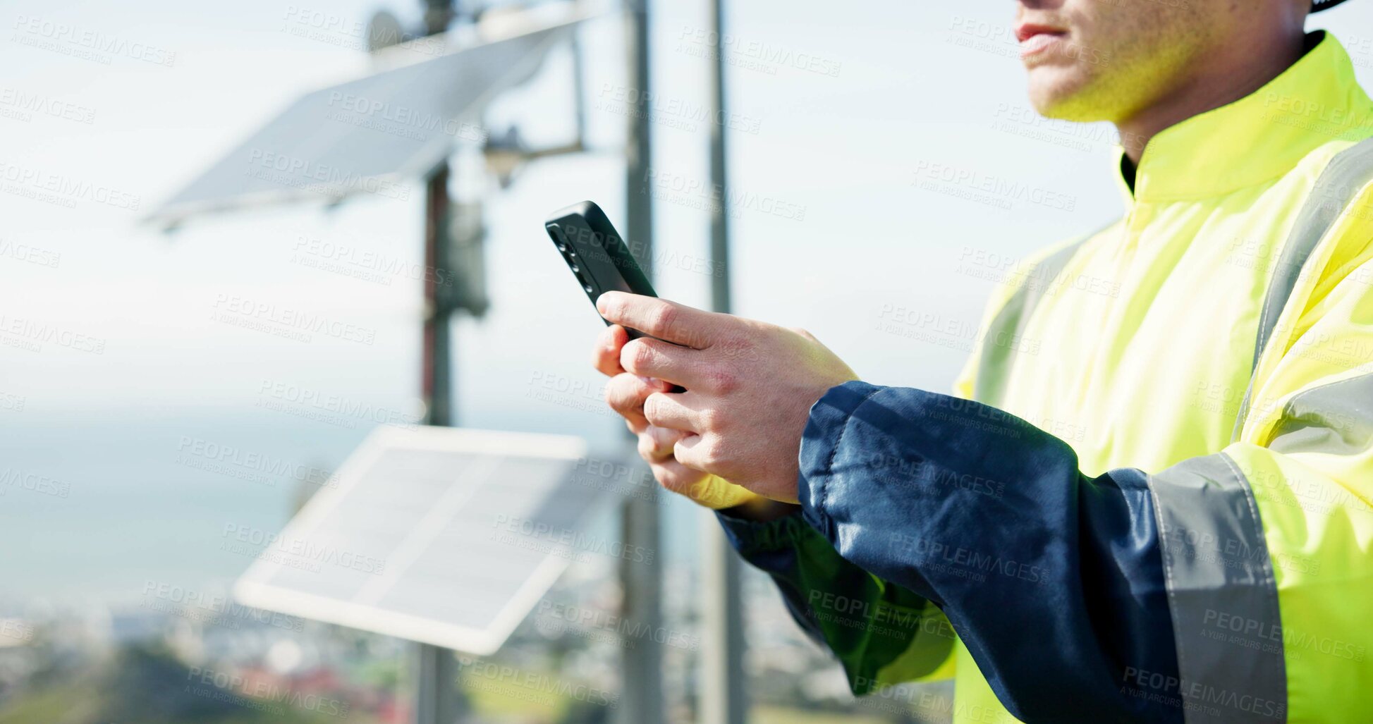 Buy stock photo Man, phone and hands typing for communication, social media or solar panel research on rooftop. Closeup of person, contractor or technician on mobile smartphone for online networking or photovoltaic