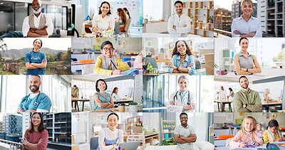 Buy stock photo Collage, diversity and generations with portrait of people at work or school for job or education. Happy, smile and collection of different adult and kids faces in montage or mosaic for development