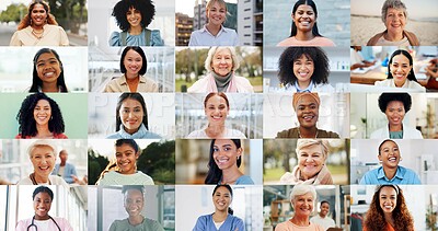 Buy stock photo Collage, diversity and generation with portrait of woman people at work for career, job or occupation. Happy, smile and face collection of different females in montage or mosaic for employment