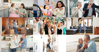 Buy stock photo Collage, people and dancing for fun, freedom and playful in home or outdoor with celebration or energy. Men, women and children moving around with rhythm, diversity and carefree or crazy movement
