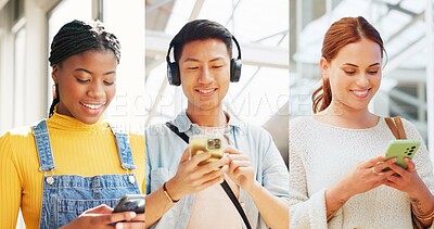 Happy, communication and people with phone for social media, internet or technology streaming. Smile, global and diversity of friends reading news on a mobile for a chat, information or the web
