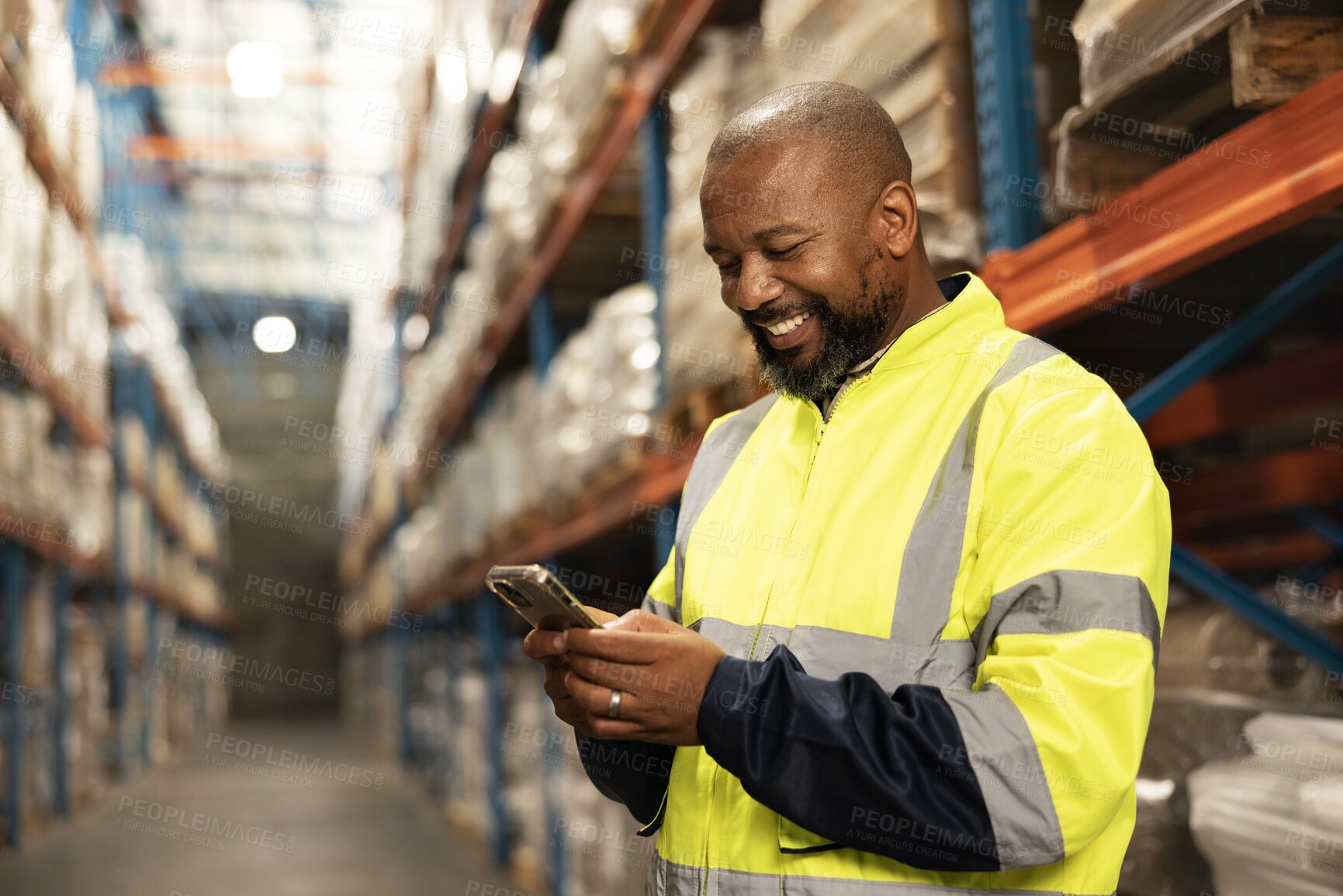 Buy stock photo Manager man, warehouse and phone, export and import business with smile for good stock and shipping goods. African male person, happy and tech in factory, CEO and room for text at work in company 