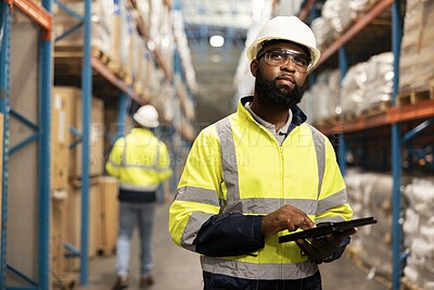 Buy stock photo Logistics, warehouse and black man with tablet for checklist, inventory and stock distribution. Male person, technology and storehouse with planning for maintenance, inspection and ecommerce shipping