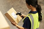 Scanner, box and woman in warehouse checking stock for distribution, inspection and delivery. Ecommerce, logistics and girl with digital barcode reader for package inventory, order and supply chain. 