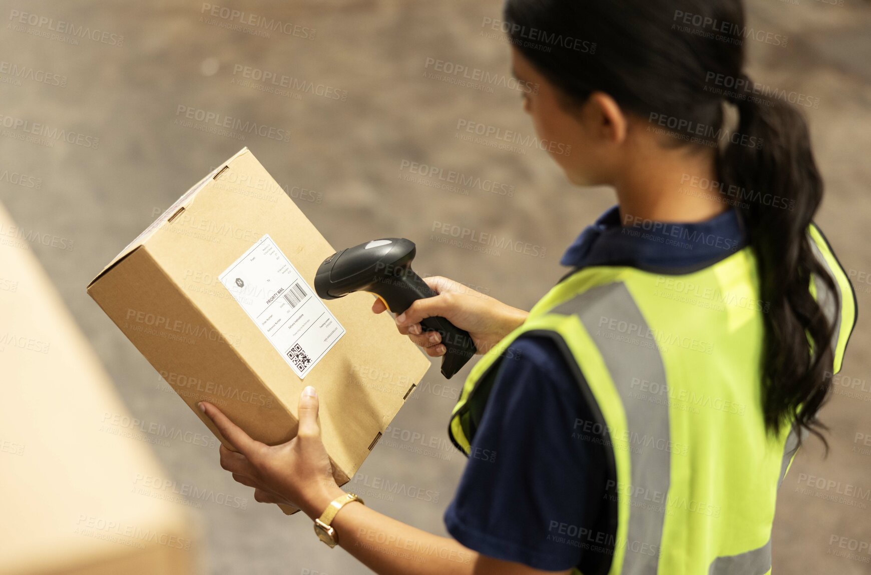 Buy stock photo Scanner, box and woman in warehouse checking stock for distribution, inspection and delivery. Ecommerce, logistics and girl with digital barcode reader for package inventory, order and supply chain. 