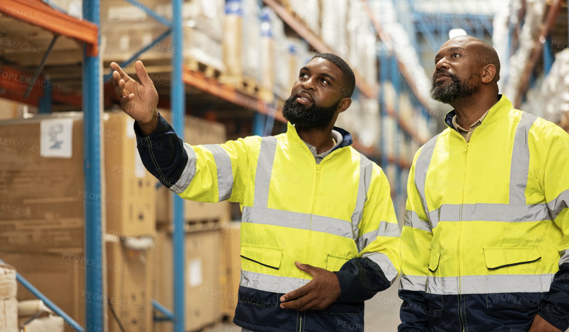Buy stock photo Teamwork, distribution and people in warehouse for inspection, storage facility and check stock. Collaboration, discussion and black man with manager for logistics, manufacturing and supply chain