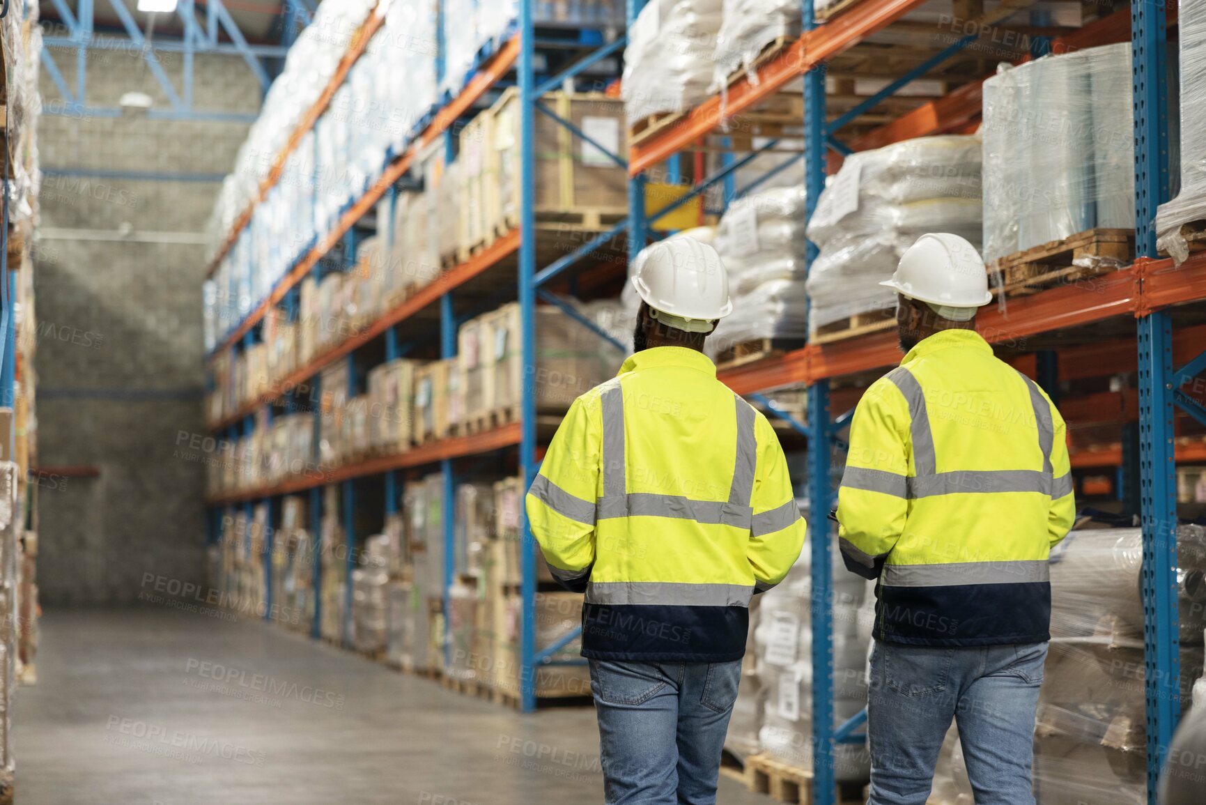 Buy stock photo Warehouse, factory and back view of coworkers with stock, inventory and cargo for logistics management company. Teamwork, collaboration and men in supply chain for shipping, freight and e commerce