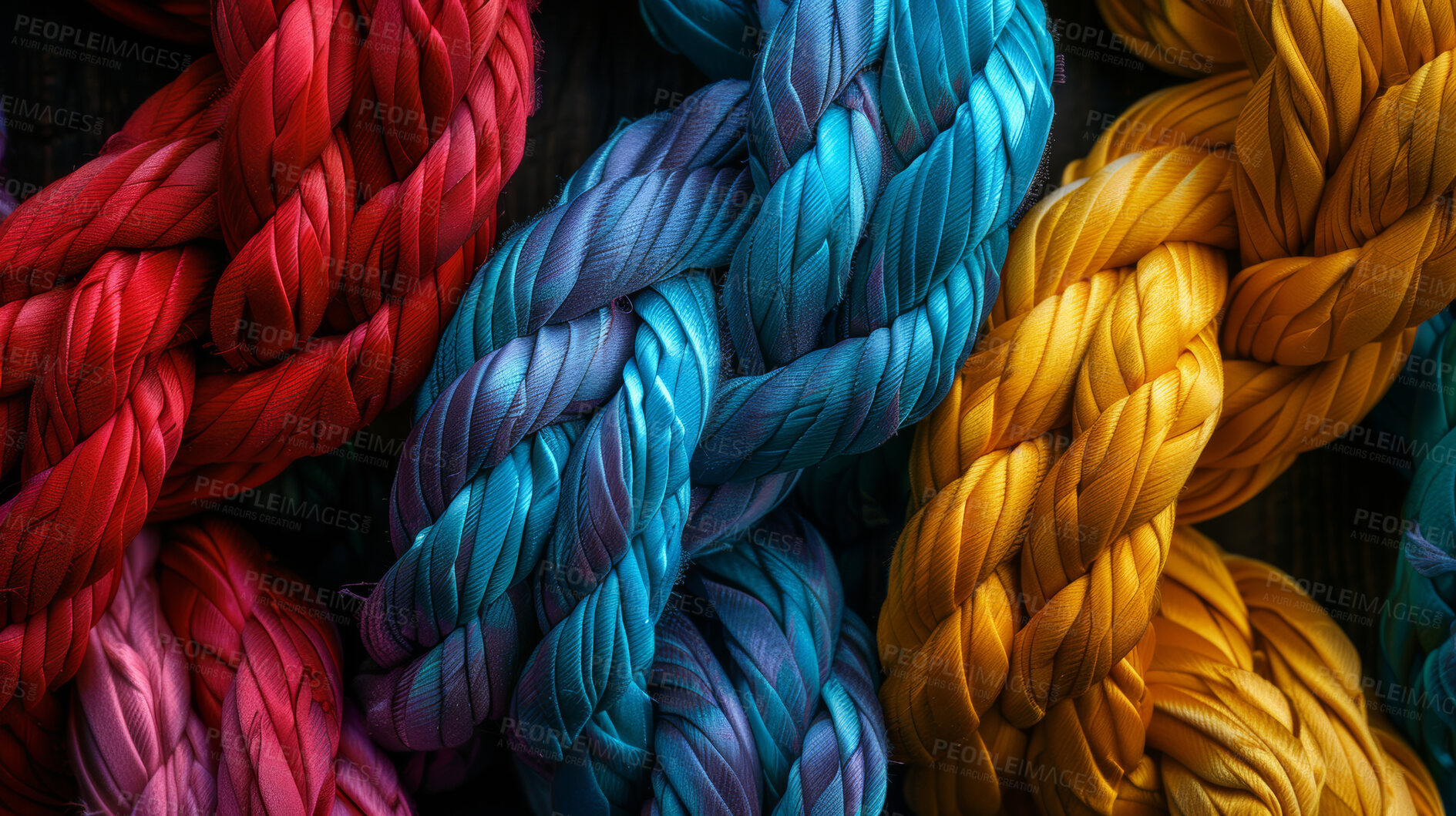Buy stock photo Connection, color and and knot of rope with bundle, pattern and texture for climbing, safety or strong yarn. String, thread or rainbow on wallpaper with abstract textile, lines and network diversity