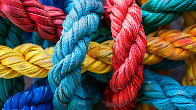 Rainbow, color and and bundle of rope with pattern, knot and texture for climbing, safety or strong connection. String, thread or yarn on wallpaper with abstract textile, lines and woven diversity