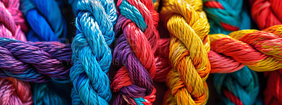 Network, knot and bundle of rope with texture, color and pattern for climbing, safety or strong connection. String, thread or craft yarn on wallpaper with abstract textile, lines or rainbow diversity
