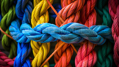 Network, color and and knot of rope with connection, craft and texture for climbing, safety or strong pattern. String, thread or yarn on wallpaper with abstract textile, lines and rainbow diversity