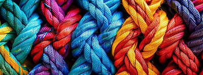 Knot, color and network of rope with pattern, knit and texture for craft, safety or strong connection. String, thread or yarn on wallpaper with abstract textile, creative lines and rainbow diversity