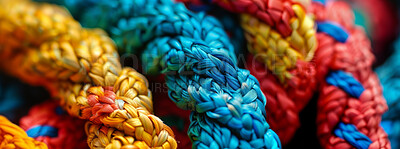 Art, color and network of rope with pattern, knot and texture for climbing, safety or strong connection. String, thread or yarn on wallpaper with abstract textile, creative lines or rainbow diversity