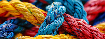 Knot, color and network of rope with texture, pattern and bundle for craft, safety or strong connection. String, thread or yarn on wallpaper with abstract textile, creative lines or rainbow diversity