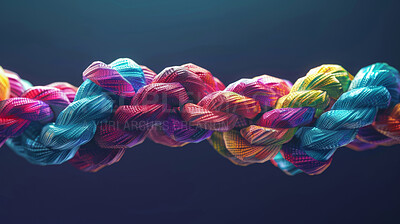 Knot, rope and color rainbow with texture on blue studio background for unity, community or partnership. Pattern, artwork and cable chord in line for family ties connection, wallpaper or abstract