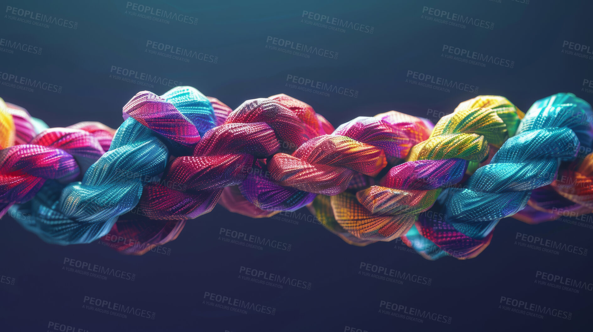 Buy stock photo Knot, rope and color rainbow with texture on blue studio background for unity, community or partnership. Pattern, artwork and cable chord in line for family ties connection, wallpaper or abstract