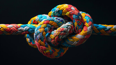 Knot, color and rope with unity, teamwork and collaboration on a dark studio background. Texture, modern art and symbol for union and wedding tradition with culture, help and cooperation with support