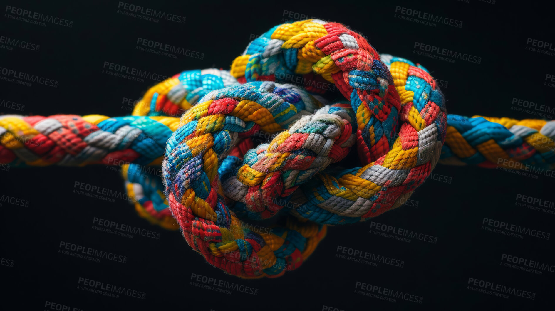 Buy stock photo Knot, color and rope with unity, teamwork and collaboration on a dark studio background. Texture, modern art and symbol for union and wedding tradition with culture, help and cooperation with support