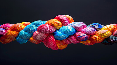 Knot, color and string of rope with pattern, network and texture for support, safety or strong connection. Rainbow, thread or yarn on wallpaper with abstract textile, creative lines and diversity