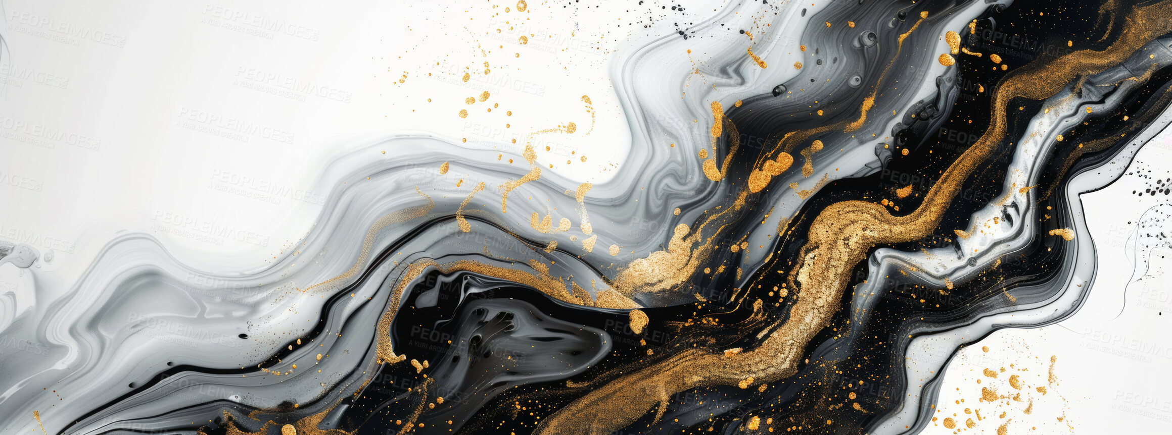 Buy stock photo Texture, smoke and abstract with gold for art or wallpaper, luxury or marble or macro for particles. Waves, banner and painting with light for poster or illustration, creativity or wealth in graphic