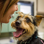 Dog, veterinary and pet consultation for care support or animal healthcare for checkup, insurance or vaccination. Yorkshire terrier, woman and love comfort for examination trust, service or career