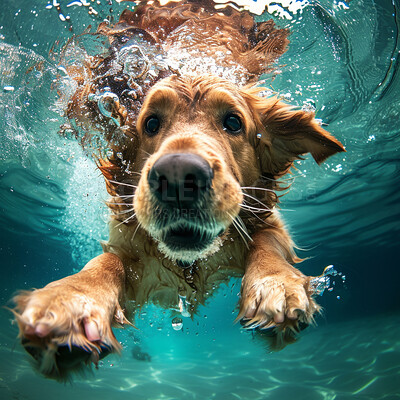 Face, puppy and under water for swimming as hobby or animal exercise, wellness and training. Wet, dog and pool for recreation or health routine for safety, fun and enjoy as physical activity