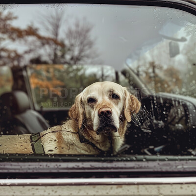 Buy stock photo Travel, rain or dog in car on holiday vacation or trip with a sad golden retriever or depressed animal in winter. Window, unhappy pet or labrador waiting alone in motor vehicle or transport in Canada