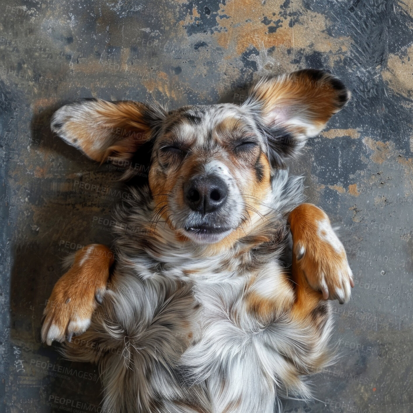 Buy stock photo Closed eyes, dog and relaxing with peace, funny and playful with happiness and insurance. Pet, best friend and animal at home and healthy on the floor with humor and trust with sleep and resting