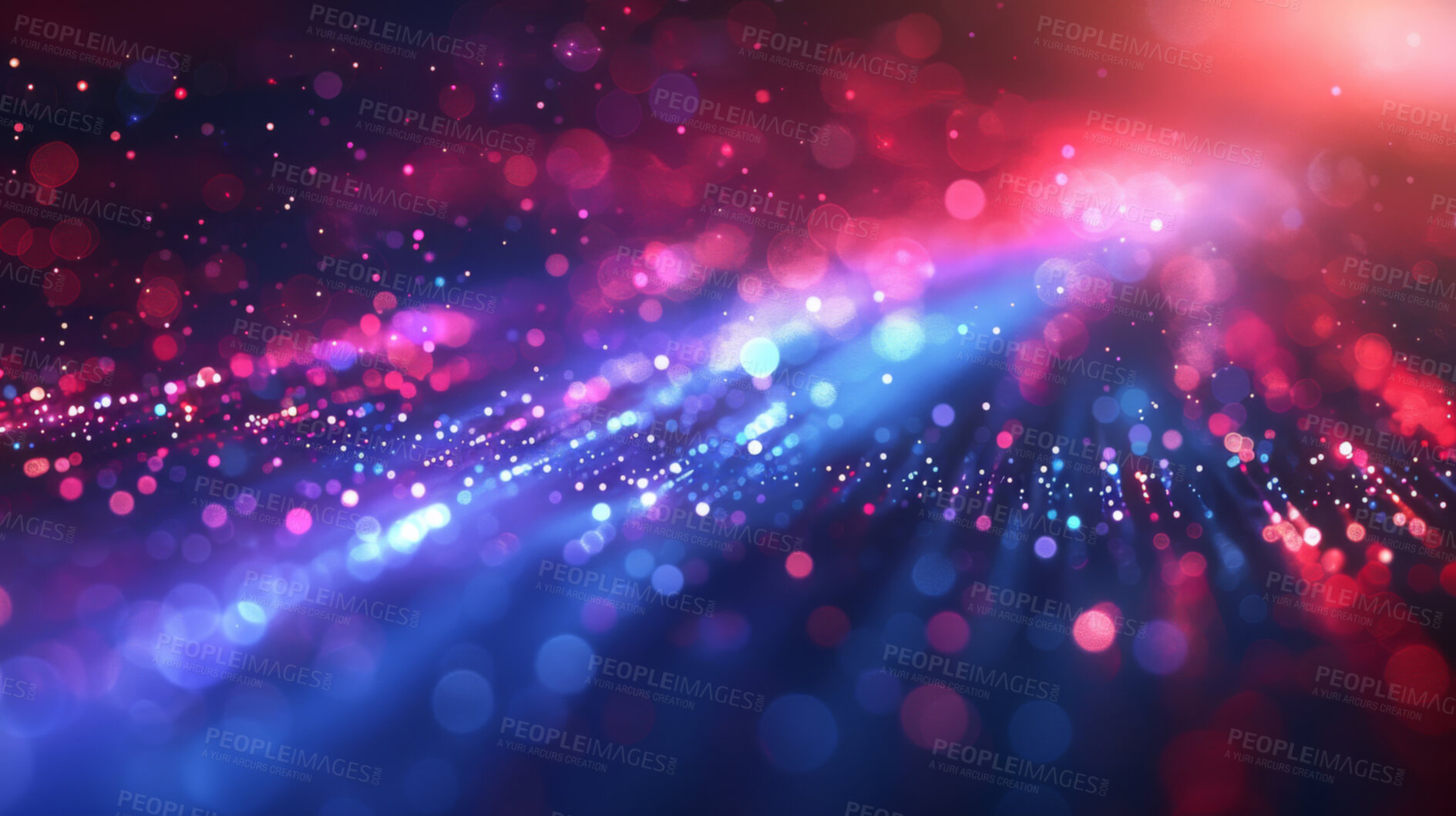 Buy stock photo 3d, abstract or art of bokeh, neon or wallpaper as particles, flare or graphic of future aesthetic. Blue, red or dots in pattern, lines or energy as star, science fiction or burst on night cyberspace