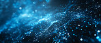 Background, blue pattern and wallpaper with waves, modern system and cloud computing with innovation. Connection, dark or database with software and dots with information technology and futuristic