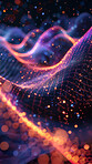 Grid, wave and cyber connection with pattern, texture and digital matrix with bokeh on abstract sound network. Neon light, future technology and system information with particles on dark background