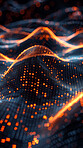 Background, code and networking with orange pattern in dark for cybersecurity, database or information technology. Cloud computing, future and wallpaper with wave dots for communication or connection