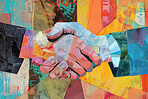 Handshake, business and collage art made of paper for agreement, deal and magazine advertising. Colourful, vibrant pop and creative graphic design poster for background, wallpaper and backdrop mockup