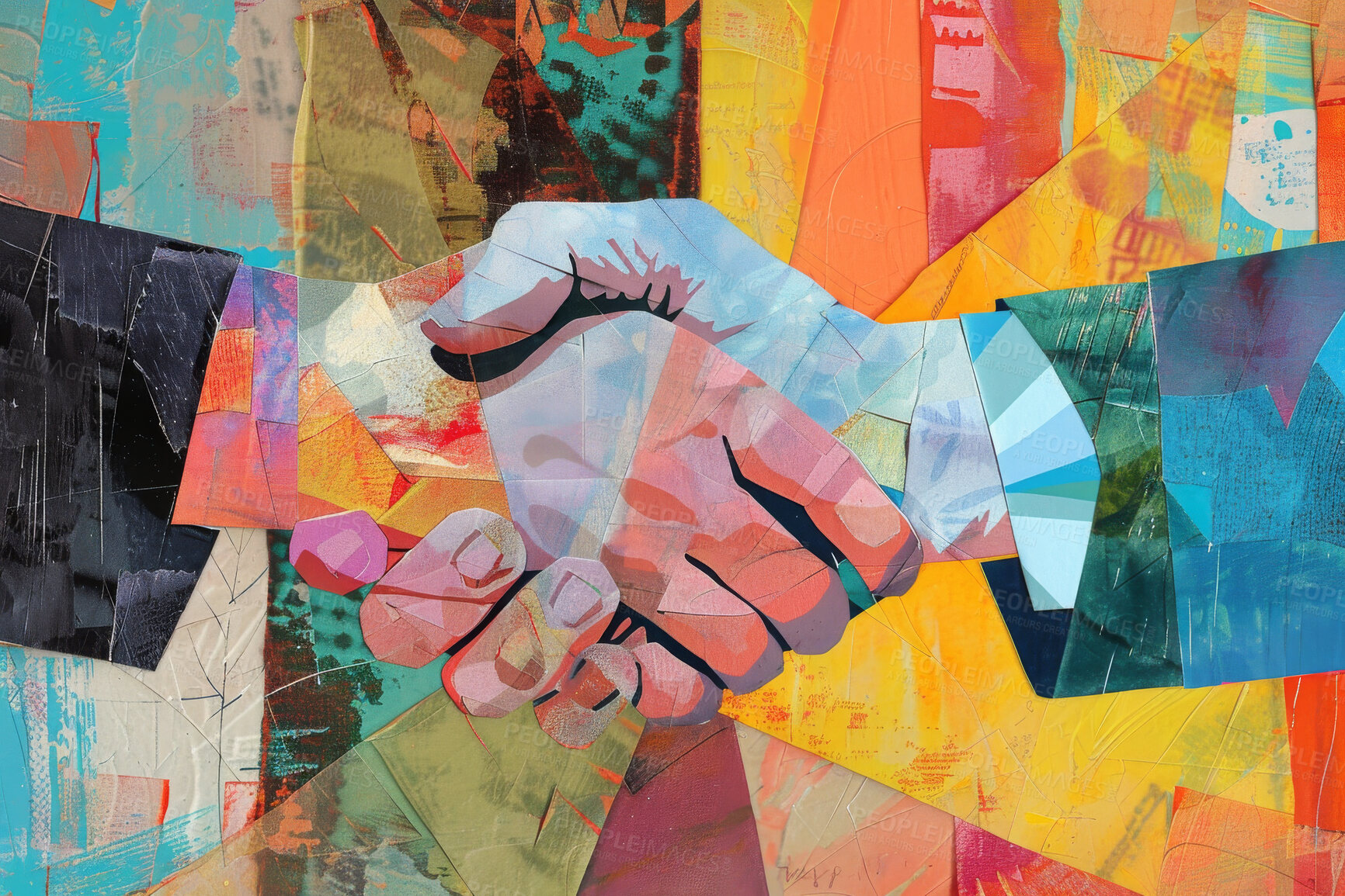 Buy stock photo Handshake, business and collage art made of paper for agreement, deal and magazine advertising. Colourful, vibrant pop and creative graphic design poster for background, wallpaper and backdrop mockup
