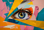 Eye, collage art and paper craft artwork for security, spyware and magazine advertising. Colourful, vibrant pop and creative graphic design poster for background, wallpaper and backdrop mockup