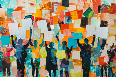 People, collage and creative art made of paper for human rights, protest or riot against war. Colourful, vibrant pop and creative graphic design poster for background, wallpaper and backdrop mockup