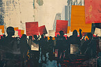 People, collage and creative art made of paper for human rights, protest or riot against war. Colourful, vibrant pop and creative graphic design poster for background, wallpaper and backdrop mockup