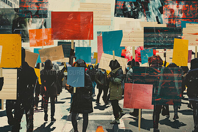 People, collage and creative art made of paper for human rights, protest or riot against war. Colourful, vibrant pop and creative graphic design poster for background, wallpaper and backdrop mockup