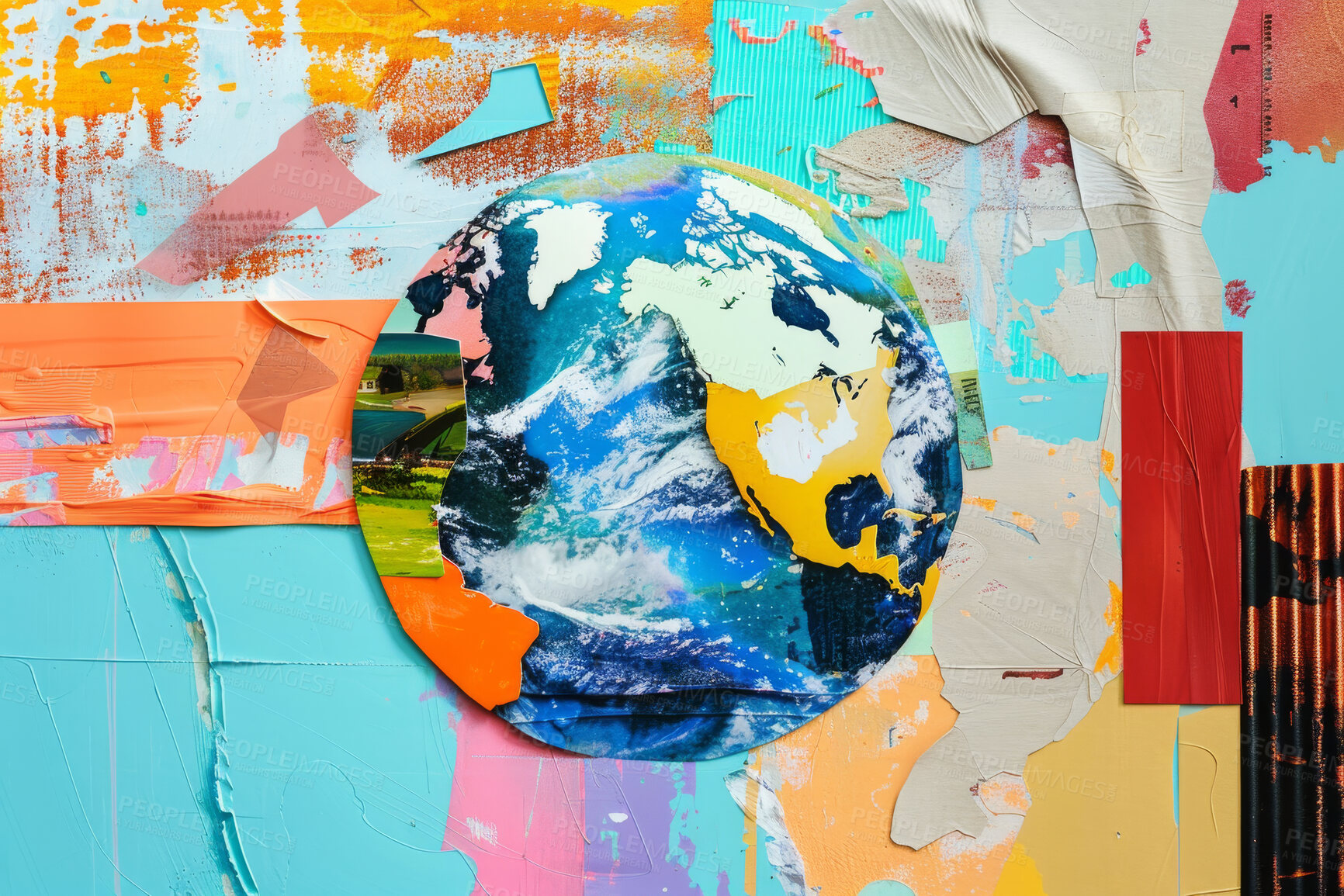 Buy stock photo World, globe and collage art made of paper school project, humanity and eco friendly banner. Colourful, vibrant pop and creative graphic design poster for background, wallpaper and backdrop mockup