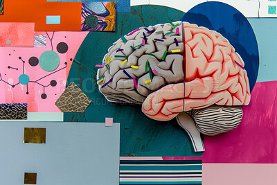 Brain, collage art and creative artwork made of paper neurodivergent, neuroscience and ADHD or autism. Colourful, vibrant pop and creative graphic design poster for background, wallpaper and backdrop