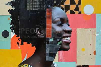 Woman, collage art and creative face made of paper for women's rights, magazine or advertising. Colourful, vibrant pop and creative graphic design poster for background, wallpaper and backdrop mockup
