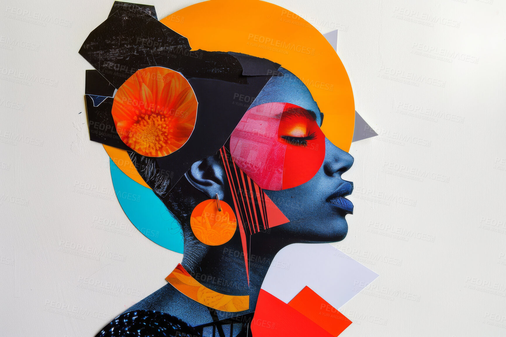 Buy stock photo Woman, collage art and creative face made of paper for women's rights, magazine or advertising. Colourful, vibrant pop and creative graphic design poster for background, wallpaper and backdrop mockup