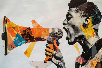 Megaphone, collage art and protest banner artwork for humanity, human rights and news media. Colourful, vibrant pop and creative graphic design poster for background, wallpaper and backdrop mockup