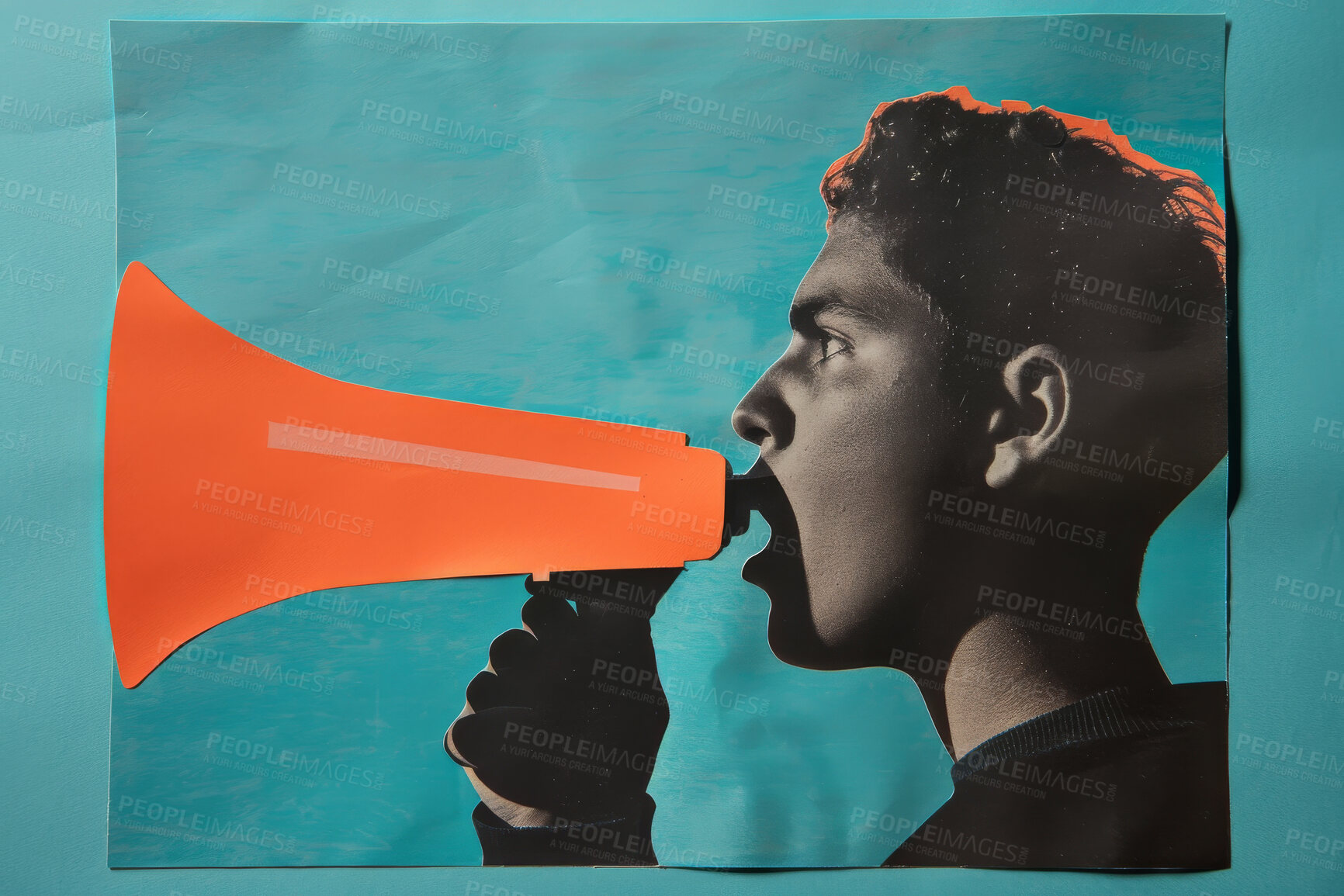 Buy stock photo Megaphone, collage art and protest banner artwork for humanity, human rights and news media. Colourful, vibrant pop and creative graphic design poster for background, wallpaper and backdrop mockup