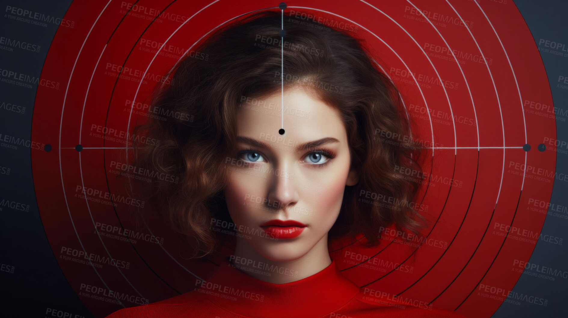 Buy stock photo Bullseye, beauty and portrait of woman on red background for wellness, cosmetics and skincare mockup. Dermatology, creative aesthetic and face of person with circle, spiral and target in studio