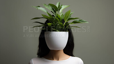 Studio, art and head of woman with plant for mental health, growth and creative floral abstract. Contemporary, person and pot on face with peace lily for nature, sustainability and bloom in wellness