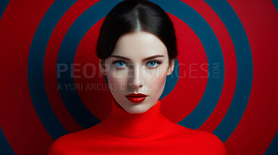 Bullseye, fashion and portrait of woman in studio for makeup, cosmetics and skincare mockup. Dermatology, blue and red aesthetic and face of person by circle, spiral and pattern on target background