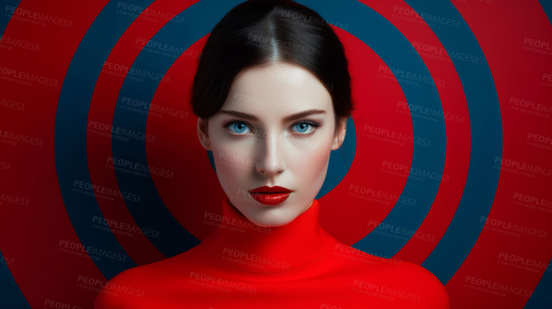 Buy stock photo Bullseye, fashion and portrait of woman in studio for makeup, cosmetics and skincare mockup. Dermatology, blue and red aesthetic and face of person by circle, spiral and pattern on target background